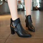 Women's Genuine Leather Pointed Toe Boots with Triangle Buckle - Black - Available at AfnoBazar Nepal