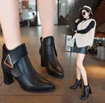 Women's Genuine Leather Pointed Toe Boots with Triangle Buckle - Black - Available at AfnoBazar Nepal