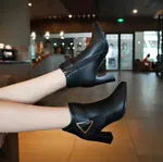 Women's Genuine Leather Pointed Toe Boots with Triangle Buckle - Black - Available at AfnoBazar Nepal