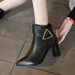 Women's Genuine Leather Pointed Toe Boots with Triangle Buckle - Black - Available at AfnoBazar Nepal