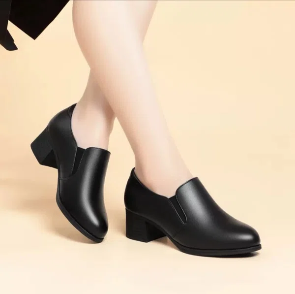 Women's Leather Block Heel Pumps for Office and Casual Wear - Black - Available at AfnoBazar Nepal