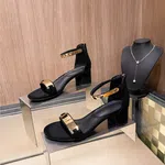 Women's Ankle Strap Block Heel Sandals with Gold Bar - Black - Available at AfnoBazar Nepal