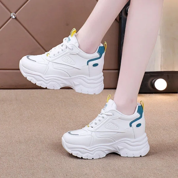 Women's Korean Style Chunky Heel Sneakers with Teal and Yellow Accents - White - Available at AfnoBazar Nepal