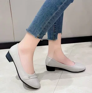 Women's Soft Leather Low Block Heel Shoes - Grey - Available at AfnoBazar Nepal