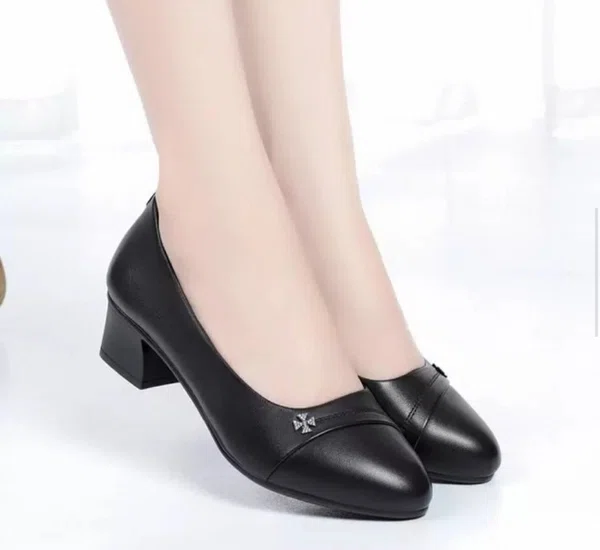 Women's Soft Leather Block Heel Shoes - Black and Grey - Available at AfnoBazar Nepal