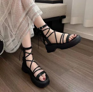 Women's Thick Sole Zip Gladiator Sandals - Black - Available at AfnoBazar Nepal