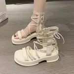Women's Thick Sole Zip Gladiator Sandals - Beige and Black - Available at AfnoBazar Nepal