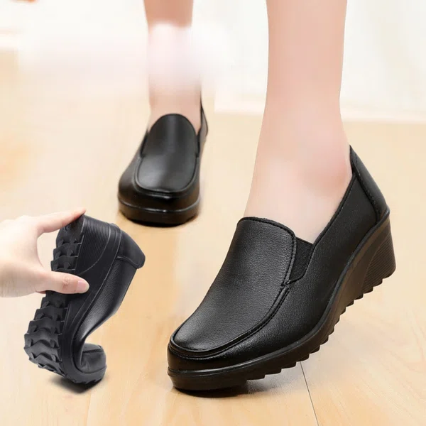 Women's Leather Slip-On Wedge Shoes - Black and Brown - Available at AfnoBazar Nepal
