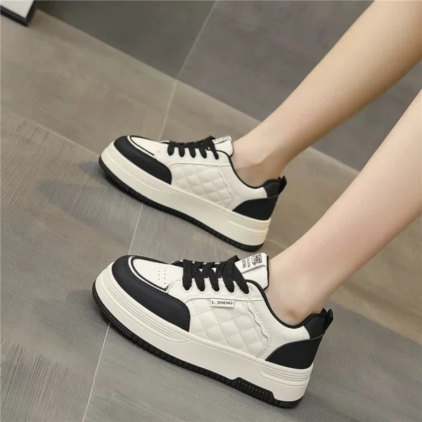 Women's Korean Style Quilted Platform Sneakers - Black and Beige - Available at AfnoBazar Nepal