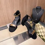 Women's Ankle Strap Block Heel Sandals with Gold Bar - Black - Available at AfnoBazar Nepal