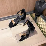 Women's Ankle Strap Block Heel Sandals with Gold Bar - Black - Available at AfnoBazar Nepal