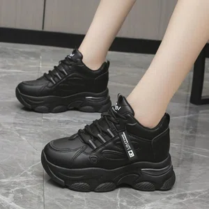 Women's Korean Style Heel Sneakers with Lace-Up Closure - Black - Available at AfnoBazar Nepal
