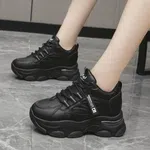 Women's Korean Style Heel Sneakers with Lace-Up Closure - Black - Available at AfnoBazar Nepal