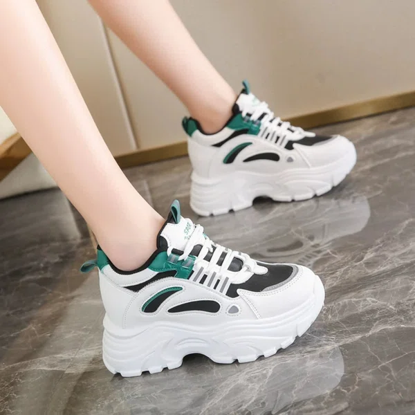 Women's Korean Style Chunky Heel Sneakers with Green Accents - White and Black - Available at AfnoBazar Nepal