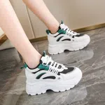 Women's Korean Style Chunky Heel Sneakers with Green Accents - White and Black - Available at AfnoBazar Nepal