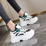 Women's Korean Style Chunky Heel Sneakers with Green Accents - White and Black - Available at AfnoBazar Nepal