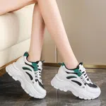 Women's Korean Style Chunky Heel Sneakers with Green Accents - White and Black - Available at AfnoBazar Nepal