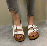 Women's Cork Footbed Double Buckle Slippers - Black and White - Available at AfnoBazar Nepal