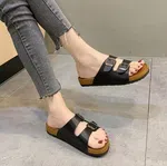 Women's Cork Footbed Double Buckle Slippers - Black - Available at AfnoBazar Nepal