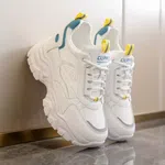 Women's Korean Style Chunky Heel Sneakers with Teal and Yellow Accents - White - Available at AfnoBazar Nepal