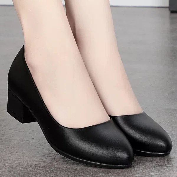 Women's Black Leather Low Block Heel Pumps - Available at AfnoBazar Nepal