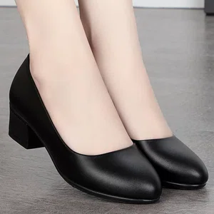 Women's Black Leather Low Block Heel Pumps - Available at AfnoBazar Nepal