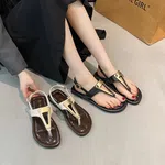 Women's Buckle Strap Flat Sandals with Metal Detail - Beige and Black - Available at AfnoBazar Nepal