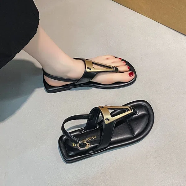Women's Buckle Strap Flat Sandals with Metal Detail - Black - Available at AfnoBazar Nepal