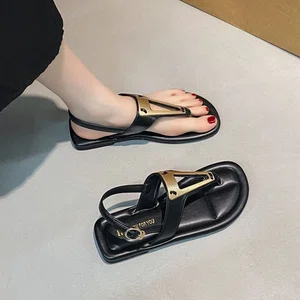 Women's Buckle Strap Flat Sandals with Metal Detail - Black - Available at AfnoBazar Nepal