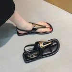 Women's Buckle Strap Flat Sandals with Metal Detail - Black - Available at AfnoBazar Nepal