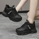 Women's Korean Style Heel Sneakers with Lace-Up Closure - Black - Available at AfnoBazar Nepal