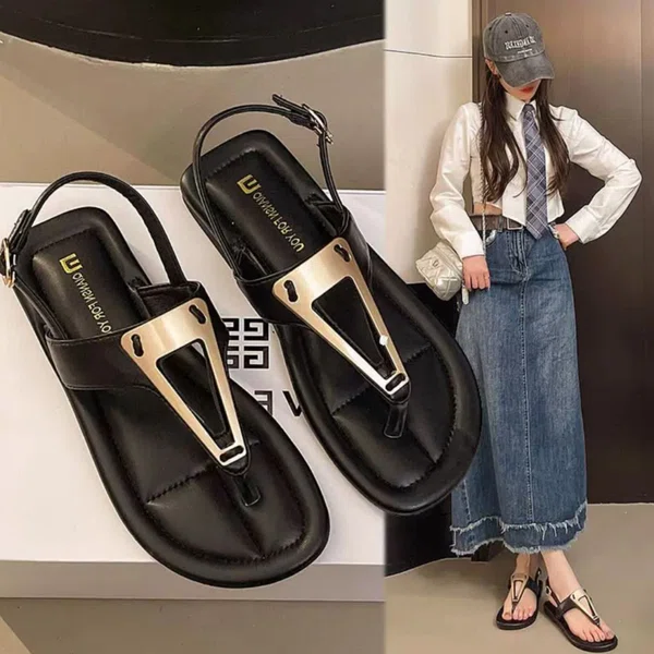 Women's Buckle Strap Flat Sandals with Metal Detail - Beige and Black - Available at AfnoBazar Nepal