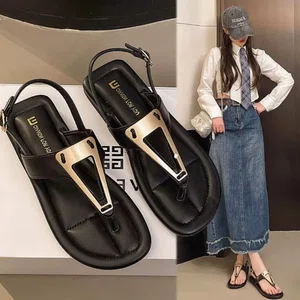 Women's Buckle Strap Flat Sandals with Metal Detail - Beige and Black - Available at AfnoBazar Nepal