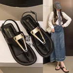Women's Buckle Strap Flat Sandals with Metal Detail - Beige and Black - Available at AfnoBazar Nepal
