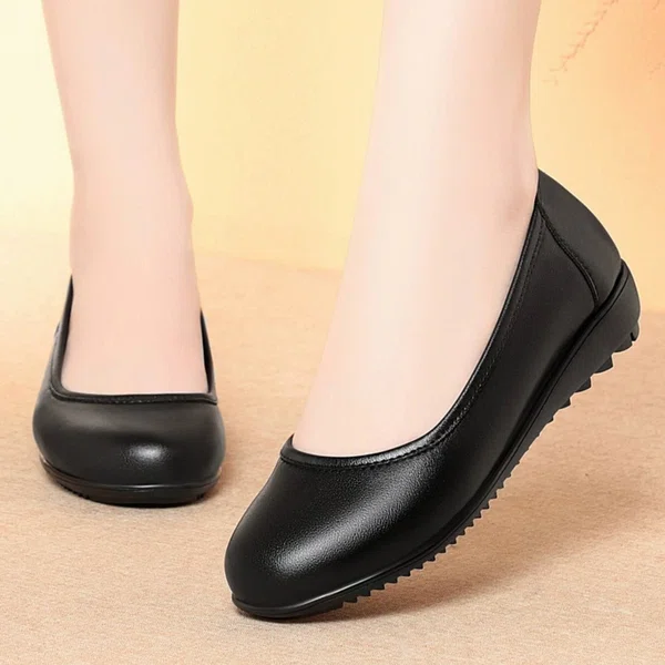 Women's Black Leather Low Wedge Slip-On Flats - Available at AfnoBazar Nepal