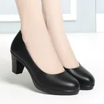 Women's Black Leather Mid Block Heel Pumps - Available at AfnoBazar Nepal