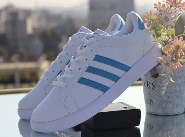 Women's Classic Three-Stripe Leather Sneakers - White and Blue - Available at AfnoBazar Nepal
