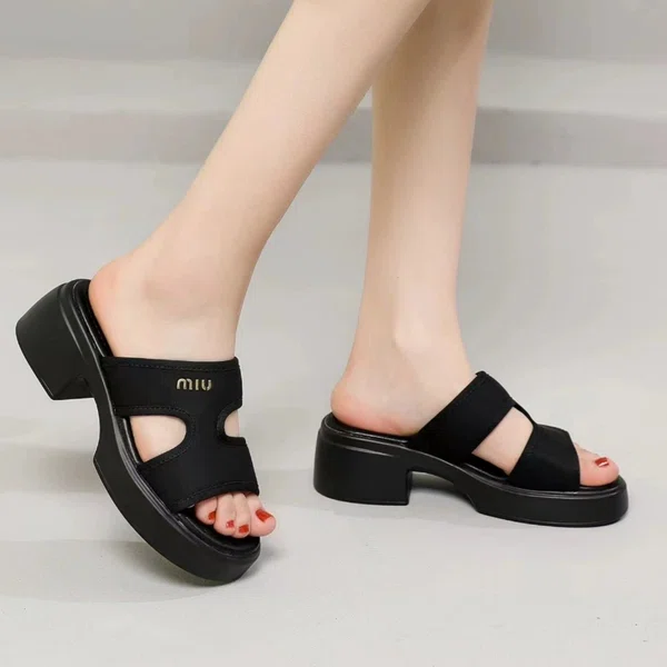 Women's Black Slip-On Block Heel Sandals - Available at AfnoBazar Nepal