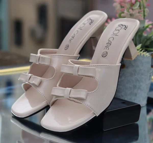 Women's Beige Bow Block Heel Sandals - Available at AfnoBazar Nepal