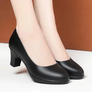 Women's Black Leather Mid Block Heel Pumps - Available at AfnoBazar Nepal