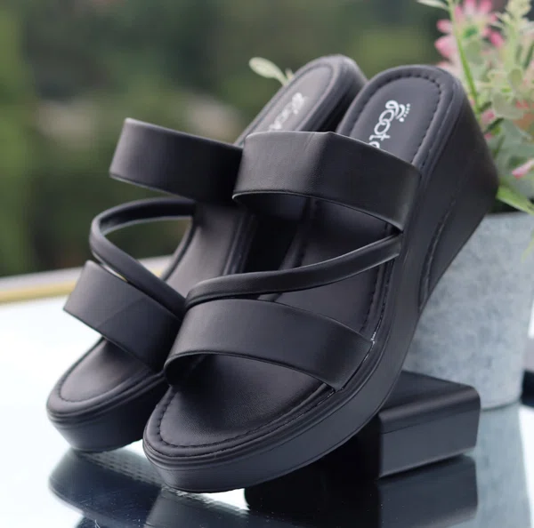 Women's Black Triple Strap Platform Slides - Available at AfnoBazar Nepal