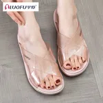 Women's Transparent Cross Strap Platform Slides - Pink and Brown - Available at AfnoBazar Nepal