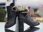 Women's Leather Heeled Ankle Boots with Gold V Detail - Black - Available at AfnoBazar Nepal