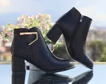 Women's Leather Heeled Ankle Boots with Gold V Detail - Black - Available at AfnoBazar Nepal