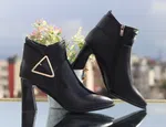 Women's Leather Heeled Ankle Boots with Triangle Buckle - Black - Available at AfnoBazar Nepal