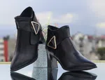 Women's Leather Heeled Ankle Boots with Triangle Buckle - Black - Available at AfnoBazar Nepal