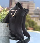 Women's Leather Heeled Ankle Boots with Triangle Buckle - Black - Available at AfnoBazar Nepal