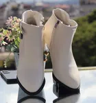 Women's Leather Heeled Ankle Boots with Round Metal Detail - Cream - Available at AfnoBazar Nepal