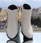 Women's Leather Heeled Ankle Boots with Buckle Strap - Cream - Available at AfnoBazar Nepal