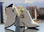 Women's Leather Heeled Ankle Boots with Buckle Strap - Cream - Available at AfnoBazar Nepal